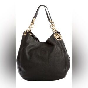 MICHAEL KORS Fulton Blk Pebble Leather Handbag Purse Gold Hardware Chain Handle